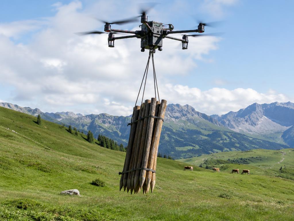 Drohne transportiert Zaunpfähle über eine Alm