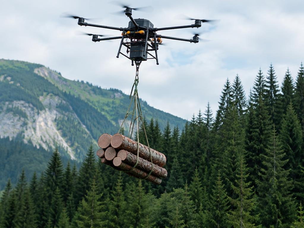 Drohne transportiert Holzstämme über einem Bergwald