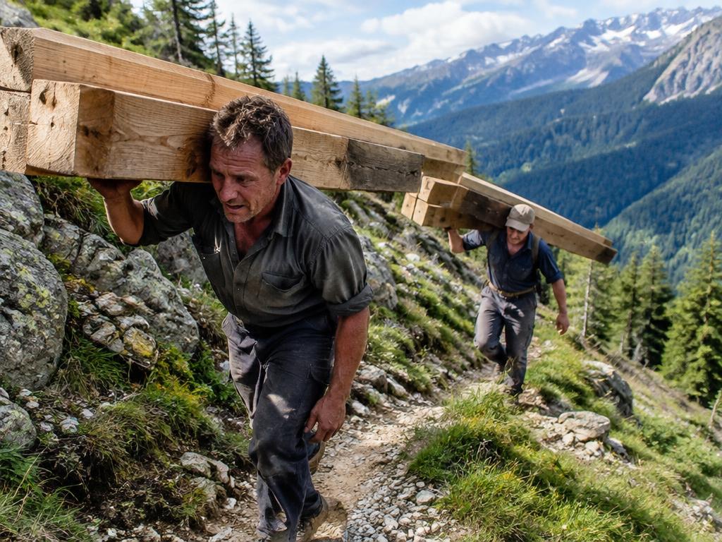 Zwei Arbeiter tragen schwere Holzbalken einen steilen Bergweg hinauf