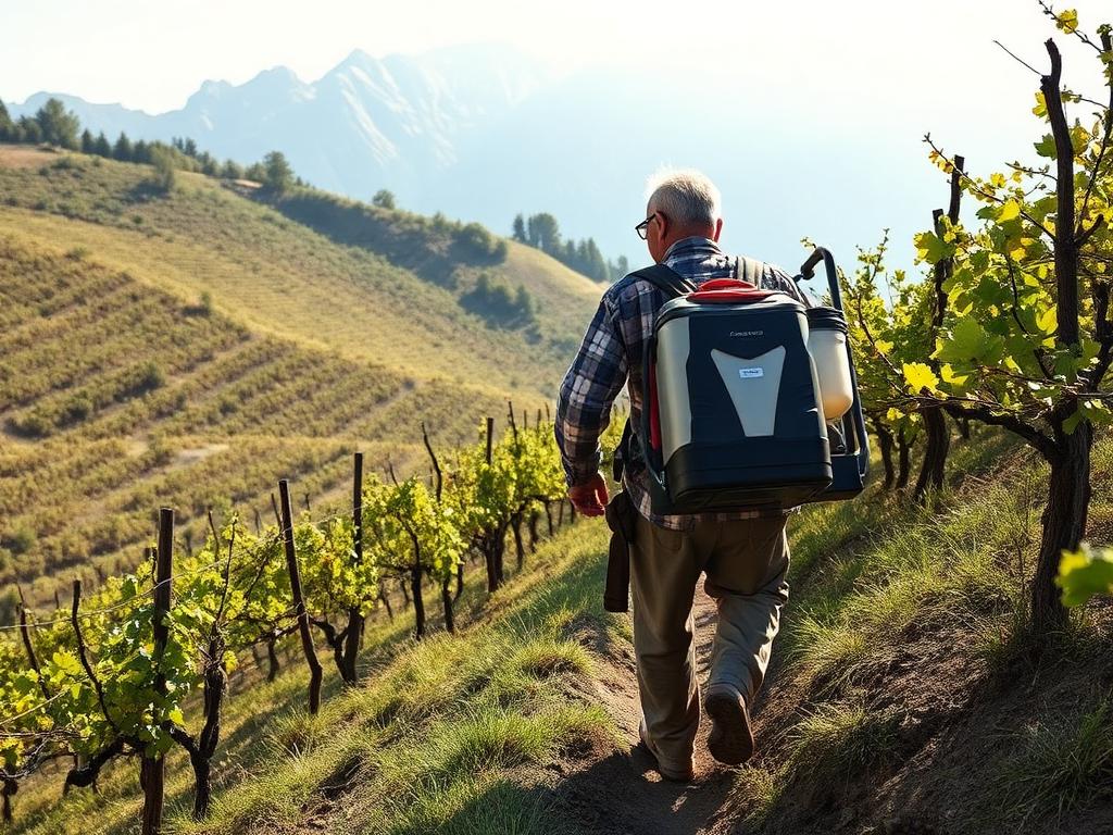 Landwirt mit schwerer Rückenspritze auf einem steilen Hang