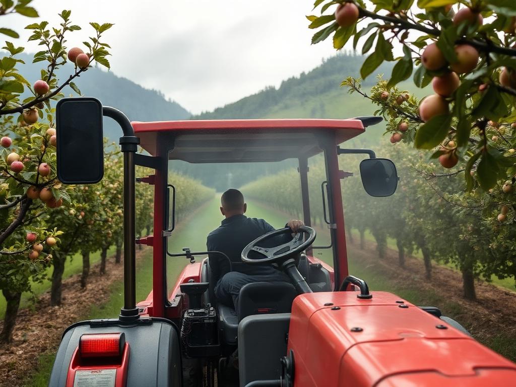 Offene Traktorkabine beim Sprühen mit sichtbarem Nebel in der Luft